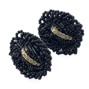 Black Beaded Oval Clip Earrings with Rhinestones Inset in Gold - Costume Jewelry